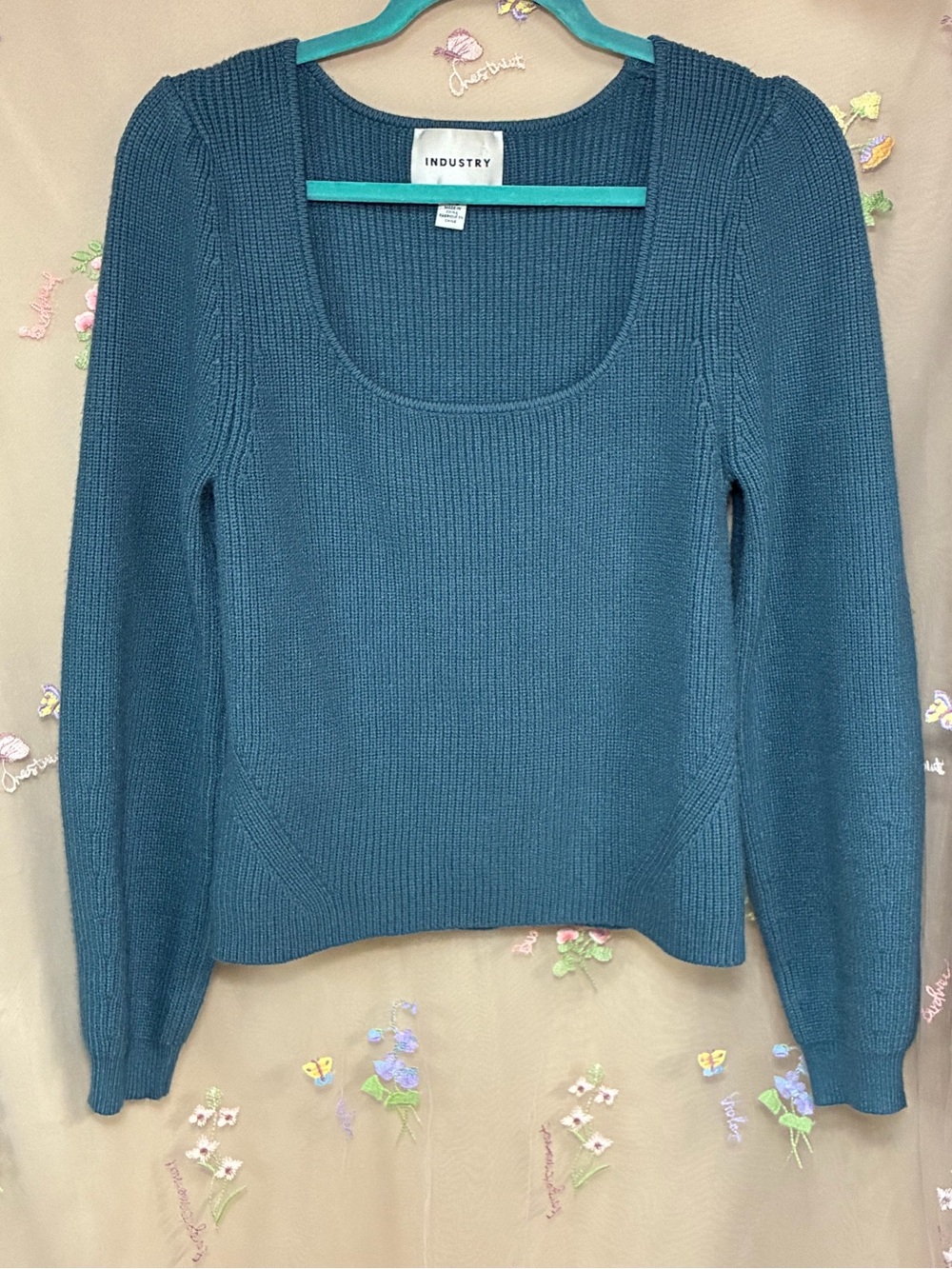 INDUSTRY Teal Blue Ribbed Scoop Neck Puff Sleeve Sweater L